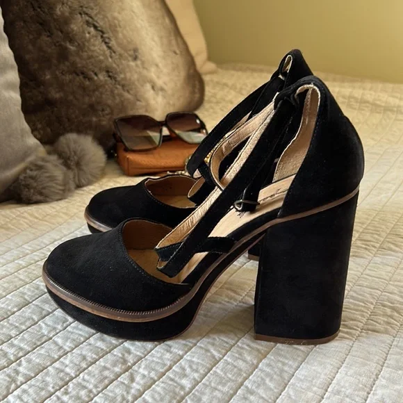 Free people Remi suede black leather platform Mary jane chunky block heels 40 - Picture 8 of 16